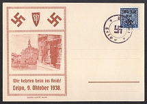 1938 (Oct 9) Special card with overstuffed REICHENBERG postmark and provisional round stamp of BOHMISCH-LEIPA (Ceska Lipa). Occupation of Sudetenland, Germany