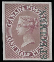 Canada - Pence issue - 1857-64, Queen Victoria, imperforate plate proof of ½p in rose with green vertical Specimen overprint, printed on India paper, no gum as produced, NH, VF, Unitrade #8 Pi, C.v. CAD$300, Scott #8…