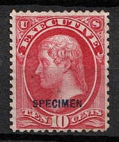 1875 10c Jefferson, Special Printing 'Specimen' on Official Mail Stamp 'Executive', United States, USA (Scott O14S, Carmine, Blue Overprint, CV $70)