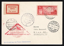 1932 Russia Arctic pictorial pmk USSR / Plane / FRANZ JOSEPH LAND 1st Polar Air Mail Flight triangular cachet postcard fr. 50k International Polar Year via ARKHANGELSK and Berlin to Wien Vienna Austria