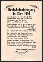 1939 'Reich Colonial Conference in Vienna 1939', Propaganda Postcard, Third Reich Nazi Germany