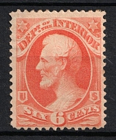 1873 6c Lincoln, Official Mail Stamps 'Interior', United States, USA (Scott O18, Vermilion, CV $70)