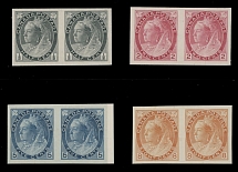 Canada - Queen Victoria ''Numeral'' issue - 1898, imperforate plate proofs of ½c in black, 2c in carmine (Die I), 5c in blue and 8c in orange, four horizontal pairs printed on India paper and mounted on cards, no gum as produced, …
