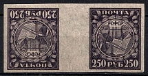1921 250r RSFSR, Russia (Zag. 10 БП, Tete-beche, Left Stamp Inverted, Thin Paper, CV $20)