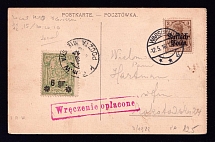 1916 (12 May.) Warsaw Local Issue, Poland, Postal Fee Handstamp, Postcard from Warsaw, franked with Mi. 1 German Occupation and Mi. 10 City Post Stamps