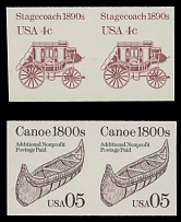 United States - Modern Errors and Varieties - 1986-91, Stagecoach 4c reddish brown and Canoe 5c brown and gray, two horizontal imperforate pairs of coil stamps, full OG, NH, VF, C.v. $400, Scott #2228b, 2453a…