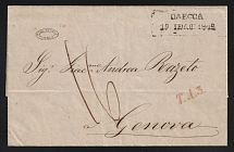 1848 (19 Jul) Russian Empire, Stampless Letter from Odessa to Genoa (Italy) ('Odessa 19 Jul 1848' boxed two-line postmark, 'Collection PHL' in Oval postmark, Red 'T.A.3' and '23. Agosto' markings)