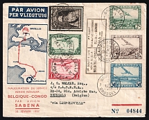 1935 Belgian Congo, First Flight Airmail Registered Cover, Inauguration of the regular air service, Brussels - Leopoldville - Brussels, franked by Mi. 148, 149, 156, 280, 281, 282