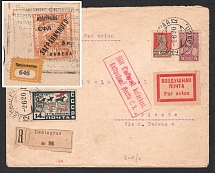 1930 (2 Jun) USSR Russia Registered Airmail cover from Leningrad to Trieste (Italy) via Berlin, paying 1R 18k and 5k Foreign Philatelic Exchange surcharge on the back and official stamp