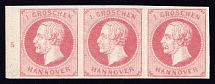 1859 1gr Hanover, Germany, Strip (Mi. 14 a RZ, Plate Number '5', CV $70, MNH)