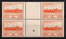 1943-44 Jersey, German Occupation, Germany, Gutter-Block (Mi. 6 y, CV $80, Plate Number '4', MNH)