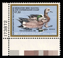 1984 $7,50 Duck Hunt Permit Stamp, United States (Sc. RW-51, Plate Number, Corner Margins)
