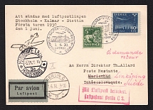 1930 (1 Jun) Sweden, Airmail cover from Stockholm to Marienbad redirected to Linkoping (Sweden), Flight Stockholm - Kalmar - Stettin