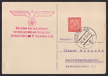 Postcard sent from ROSSBACH on Sept 21, 1938 with transit postmark of the ASCH office. Occupation of Sudetenland, Germany