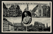 1935 Reich party rally of the NSDAP in Nuremberg, Albrecht Diirer’s house, a western view of the Imperial Castle, the Holy Ghost Hospital, and the Bratwurstglocklein, a “Beer Restaurant”