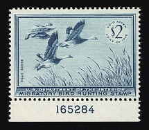 1955 $2 Duck Hunt Permit Stamp, United States (Sc. RW-22, Plate Number, CV $90)