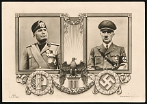 1938 (7 May) Official Card of the two Heads of State during the Hitler's visit to Italy,Third Reich, Germany, Military Post, Propaganda, Postcard from Florence to Monsummano Terme franked with 30c