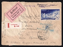 1936 Russia USSR Leningrad registered cover fr. Air Post 50k Arctic camp Polar bears + German 