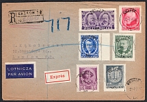 1951 (23 Jul) Republic of Poland, Registered cover from Krakow to London franked with full set of 1st Congress of Polish Science, Airmail (Fi. 556 - 561)