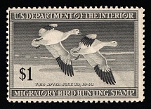1947 $1 Duck Hunt Permit Stamp, United States (Sc. RW-14, CV $60, MNH)