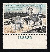 1964 $3 Duck Hunt Permit Stamp, United States (Sc. RW-31, Plate Number, Canceled)
