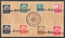 1938 Cover front with temporary MAHRISCH-SCHONBERG Overprint and round Postmark 'MAHRISCH-SCHONBERG in the days of liberation'. Occupation of Sudetenland, Germany