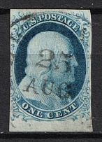 1852 1c Franklin, United States, USA (Scott 9, Type IV, Canceled, CV $95)