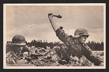 'NCOs In Combat', Berlin, Propaganda Card, Postcard, Third Reich WWII, Germany Propaganda, Germany (A famous picture of a German soldier throwing grenade)