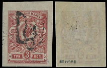 Ukraine - Trident Overprints - Podilia - 1918, black overprint (type 23) on imperforate 3k red, nice margins, part of OG, VF, expertized by J. Bulat, the stamp is priced with ''-'' in the Cat., Bulat #1773…
