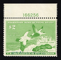 1957 $2 Duck Hunt Permit Stamp, United States (Sc. RW-24, Plate Number)
