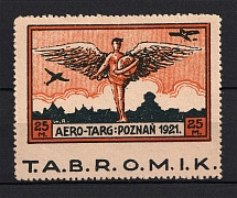 1921 25m Poznan Airline Society Aerotarg, Poland (MISSING Perforation, T.A.B.R.O.M.I.K. Advertising Label)