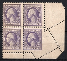 1917 3c Washington, Regular Issue, United States, USA, Corner Block of Four (Scott 501, Rebound Perforation on Folded Margin, Light Violet, CV $90+, MNH/MLH)