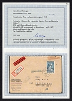 1947 (2 May) Germany, French Occupation Zone, Airmail, Registered Commercial Cover, send from Reutlingen to Nuremberg (Mi. 12, Certificate, СV $200)