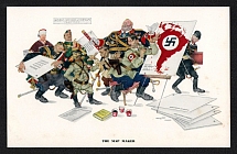 'The Map Maker', WWII Anti-Axis Propaganda, Hitler Tojo Mussolini Caricatures, Cartoon Illustration Postcard By Polish Artist Arthur Szyk, Mint