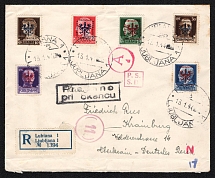 1944 (13 Jan) Ljubljana, German Occupation, Germany, Registered Cover from Ljubljana to Kranj (Slovenia) franked with 10c, 20c, 25c, 30c, 50c and 1.25l (Mi. 2, 4 - 6, 8, 11)