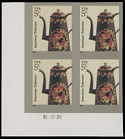 United States - Modern Errors and Varieties - 2008, Coffeepot, 5c multicolored, self-adhesive stamps in bottom left corner sheet margin block of four with die cutting omitted, dated 2007 at lower left, plate No.S2222222, backing …