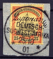 1901 25pf on piece, South West Africa, German Colonies, Kaiser’s Yacht, Germany (Rare Cancellation)