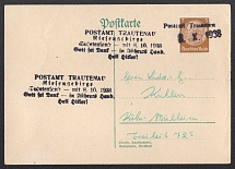 1938 (Oct 8) Postcard sent from the TRAUTENAU office, Commemorative stamp and special postage stamp, Occupation of Sudetenland, Germany