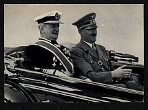 1938 'The fuhrer with his guest, Admiral v. Horthy, on the way to the shipyard in Kiel.', Propaganda Postcard, Third Reich Nazi Germany