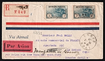 1928 France, First Flight Lyon - New York - Habana, Registered Airmail cover, franked by Mi. 151, 214 (CV $250) and 3 Cinderella