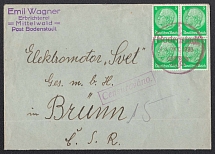 1938 (Oct 28) Letter with provisional round stamp in red from BODENSTADT (Potstat). Addressed to BRUNN. Czech censorship label. Occupation of Sudetenland, Germany