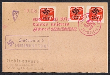 1938 (Oct 10) Card with local overprints and  postmark BURGSTEIN (Sloup v Cechach). 'The Sudetenland returns to the Reich!' Occupation of Sudetenland, Germany