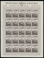 Croatia - Semi - Postal issues - 1942, Croatian Wings, 2+2k - 4+4k, two complete sets of four in sheets of 25 and 24 plus label, each sheet with control marking (numeral) at the bottom right corner of stamp on position 12, full …