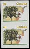 Canada - Modern Errors and Varieties - 1994, Bartlett Pear, imperforate essay of unissued denomination of 49c, this design used for stamp of 86c, vertical pair, full OG, NH, VF and rare, Unitrade C.v. CAD$2,000, Scott #1372…