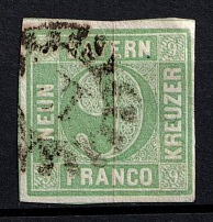 1850 9kr Bavaria, German States, Germany (Mi. 5, Canceled, CV $30)