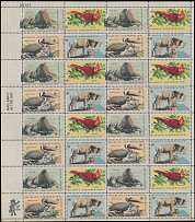 United States - Modern Errors and Varieties - 1972, Wildlife Conservation, 8c multicolored, complete transition pane of eight se-tenant blocks of four, black engraved color (picture, description and denomination) strongly …