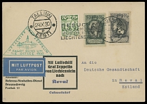 Liechtenstein - Zeppelin Flights - 1930 (September 23-25), Baltic Sea Flight pre-printed postcard, franked by three stamps, addressed to Tallinn, green confirmation