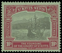 British Commonwealth - Saint Kitts - Nevis - 1923, Caravel in the Old Road Bay, 10s red and black on emerald paper, sideways watermark Multiple Script CA, perfect