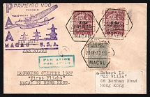 1937 Macao, First Flight Airmail cover, Macao - Hong Kong, franked by Mi. 278, 2x 299