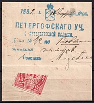 1865 St. Petersburg Suburban Police 40 kop. BISECT (1/2 = 20 kop.) used in 1882 in Petergof on piece of a Swedish passport, Revenue, Russia